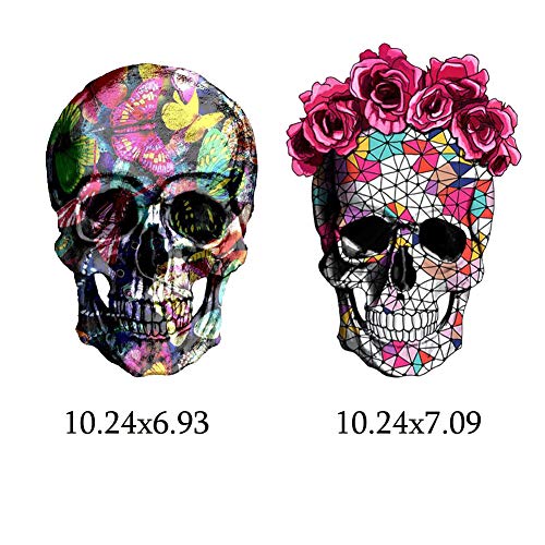 Skull Stickers Patches Halloween Supplies Red Rose Flower Butterfly Feather Iron on Heat Transfer Decals for Jacket Jeans Clothes DIY Decorations 3 Large Size Decals