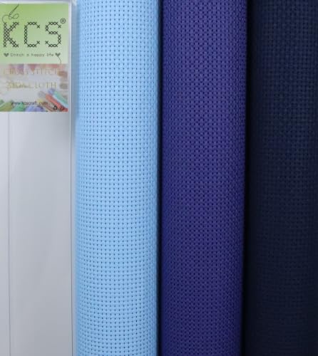 KCS 3 pc of 15" x 18"(38cmx45cm) 11 Count Cross Stitch Cotton Aida Cloth Needlework Rolled Fabric Box,11CT,Light Blue+Royal Blue+Navy Blue - color: Light Blue+royal Blue+navy Blue, size: 11CT