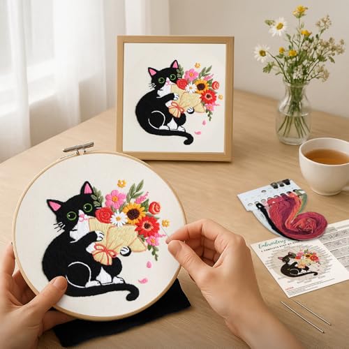 Nuberlic Embroidery Kits for Beginners with Cat and Flower Pattern - color: Kit-8