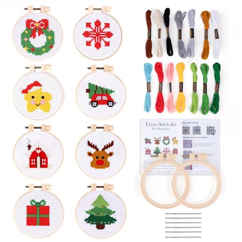Pllieay 8PCS Christmas Cross Stitch Kit for Kids, Includes 8Pcs Christmas Patterns, 2Pcs Hoops and 14 Color Skeins, Fun & Easy Cross Stitch Kits for Beginners, Perfect for Crafts and Christmas Decor - style: Christmas