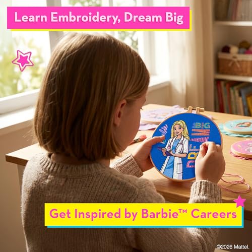 Barbie® Embroidery Kit for Kids Ages 8-12 - 8 Beginner Designs, 2 Hoops - color: Barbie Embroidery Kit