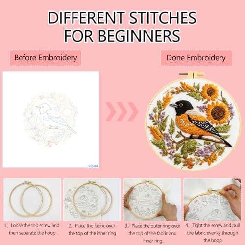 Zhenqing Bird Embroidery Kit for Beginners, Songbird & Floral Needlework Craft with Pre-Printed Cotton Fabric, Hoop, Threads & Tools, Garden Decor (C0068) - color: Bird & Sunflower Garden