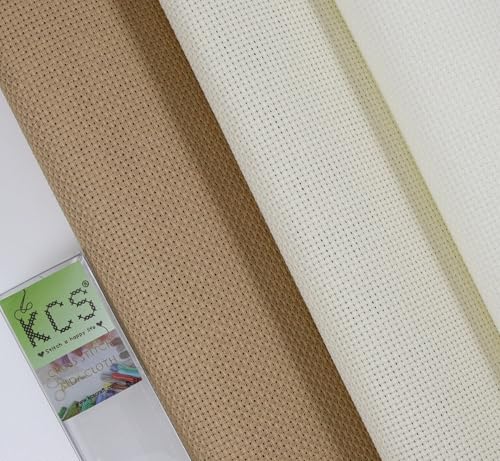 KCS 3 pc of 15" x 18"(38cmx45cm) Counted Cross Stitch Cotton Aida Cloth Needlework Rolled Fabric Box,14CT,Antique White +Cream+Khaki - color: Antique White +Cream+khaki, size: 14CT