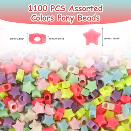 1100 Pcs Star Pony Beads for Jewelry Making,Plastic Hair Craft Beads - color: 1100 PCS Colored-Star