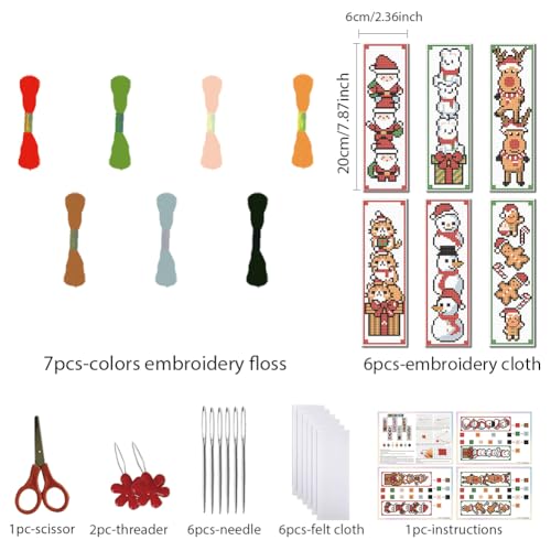 FREEBLOSS 6 Set Christmas Cross Stitch Bookmark Kits - Santa Claus Pattern Stamped Embroidery Bookmarks for Beginners - style: Christmas Animals