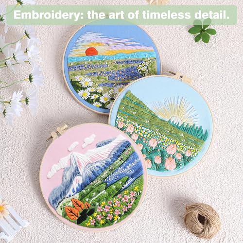 RidaaFri Embroidery Kit for Beginners, 3PC Floral Mount Sunshine Patterns