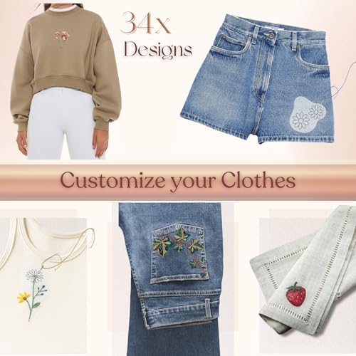 Easy Clothing Embroidery Kit - 34 Water Soluble Stick & Stitch Designs - Embroidery Kit for Clothes Starter Pack, Beginners All Inclusive Kit for Clothing Embroidery