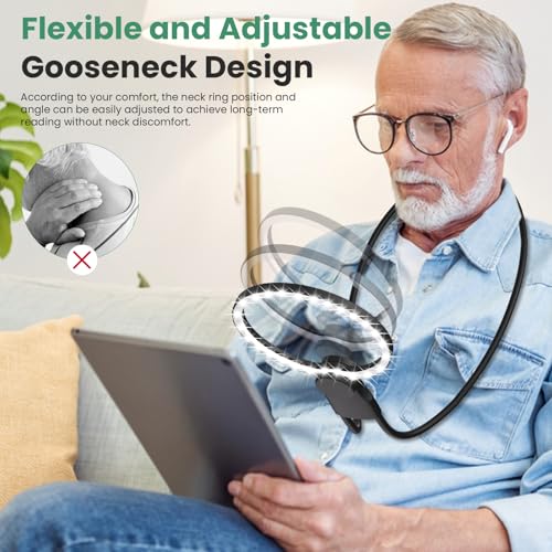 Hands Free Magnifying Glass with Light for Reading, 10X Neck Magnifying Glass with Light for Close Work with Real Glass Lens, Flexible Gooseneck Large Magnifier for Low Vision Elderly, Seniors