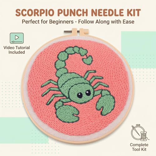 Harimau Punch Needle Kit Twelve Zodiac Signs Pattern,1Pc Embroidery Hoop, Essential Punch Needle Supplies,Ideal Punch Art for Beginners,DIY Adults Embroidery, Video Teaching - color: 65282