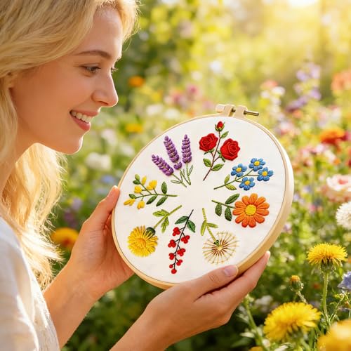 BEUNITONE 6 Pack Beginner Embroidery Kit for Adults, Simple Floral Plants Pre-Stamped Pattern Starter Needlepoint Kits with Hoops & Instruction, Hand Embroidery Kits for Fabric and Home Decor 7.9x7.9 - style: Simple Flowers