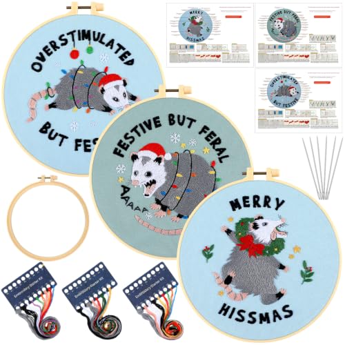 Mindsoft 3 Set Needlepoint Kit for Beginners with Hoop,Christmas Possum - style: Christmas Possum