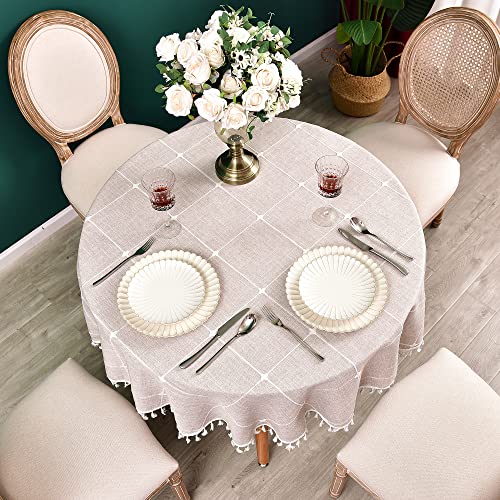 Cotton Linen Round Tablecloth Plaid Heavy Weight Table Cloth for Round Tables Checkered Tassel Table Covers for Kitchen Dining Room Tabletop Decoration, Diameter 70 inch, Coffee - color: Coffee, size: 70" (Round)