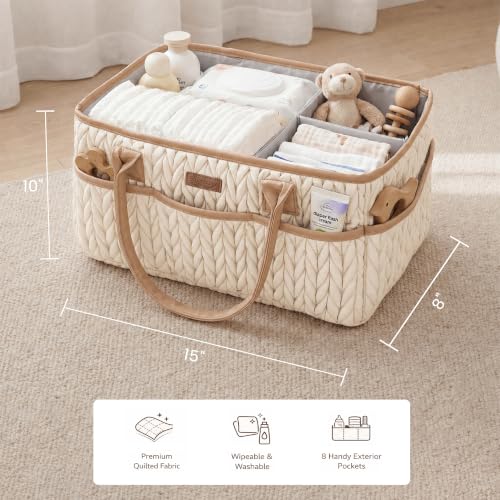 Konssy Baby Diaper Caddy Organizer, Braided Quilted Design with PU Handles - color: Toffee Brown