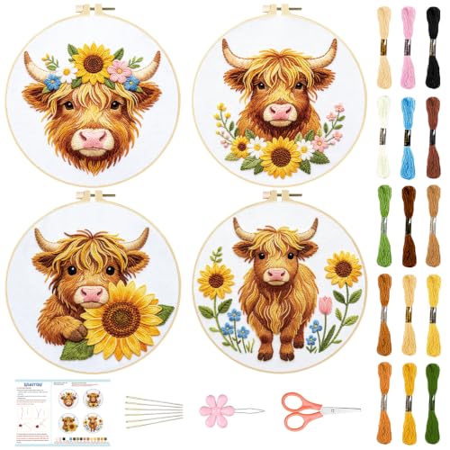 BEUNITONE 4pcs Embroidery Kit, Highland Cow & Sunflowers Stamped Embroidery Kits with Hoop, Thread & Needles, Colorful Cross Stitch Kits Sewing Gifts for Adults and Beginners, DIY Craft for Relaxation - style: A-Highland Cattle