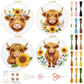 BEUNITONE 4pcs Embroidery Kit, Highland Cow & Sunflowers Stamped Embroidery Kits with Hoop, Thread & Needles, Colorful Cross Stitch Kits Sewing Gifts for Adults and Beginners, DIY Craft for Relaxation - style: A-Highland Cattle