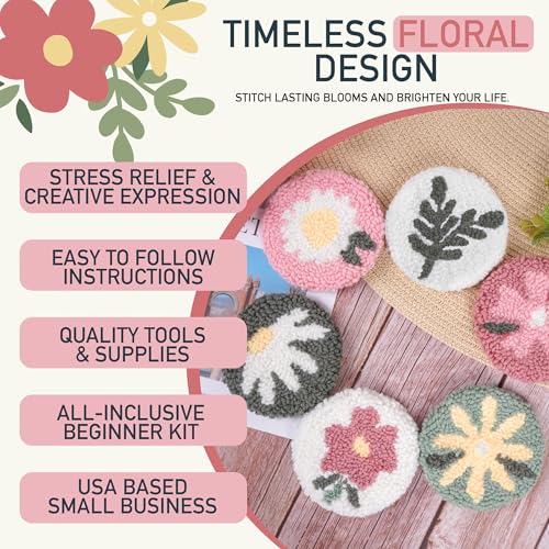 Emri Lane Punch Needle Kit – 6 Floral Design Punch Needle Embroidery Kit - color: Pink
