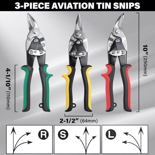 HAUTMEC 3 Pcs Aviation Tin Snips for Cutting Metal Sheet, Heavy-Duty CR-V Metal Shears, 10" Sheet Metal Cutter Tools with Safety Lock & Ergonomic Grip for Straight, Left & Right Cuts – HT0068 - style: Model 1
