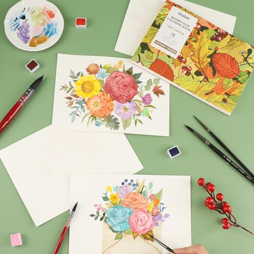 Grabie Watercolor Coloring Book, 15 A5 Cotton Sheets, Autumn-Themed - color: Autumn