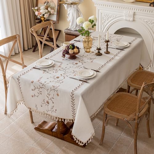 Joyfol Day Linen Waterproof Tablecloth with Tassels, Rustic Farmhouse Flowers Embroidery Table Cloths for Rectangle Tables, Heavy Weight Spill-Proof Table Covers, Coffee Florals, 55''x 70'' - color: Coffee Florals, size: 70" x 55" (Rectangular)