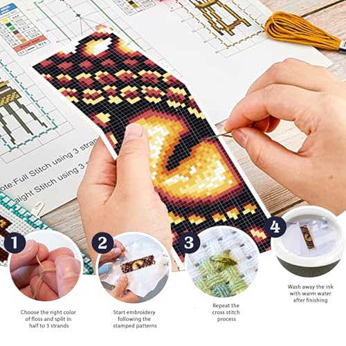 FREEBLOSS 6 Set Cross Stitch Bookmark Kit for Beginner Adults Dragon Stamped Embroidery Bookmark Kits Cross Stitch Kits with Instruction Bookmarks Making Kit for Book Lovers 8x2.4in/20x6cm - style: Loong