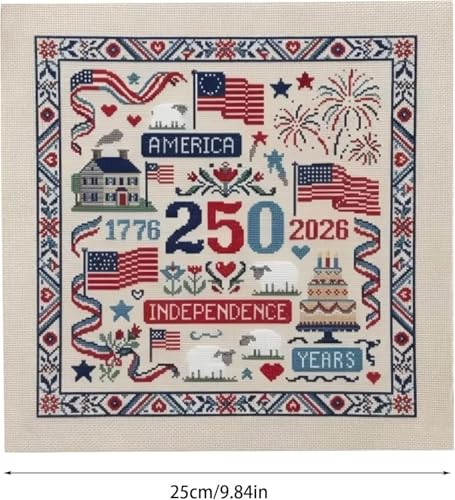 USA 250th Anniversary Cross Stitch Kit 9.8 x 9.8 Inch, 1776-2026 Patriotic Embroidery Kit for Beginners Adults, DIY 4th of July Patriotic Needlepoint Set with Threads Needle Wall Decor Craft Gift - color: 250th Anniversary-A