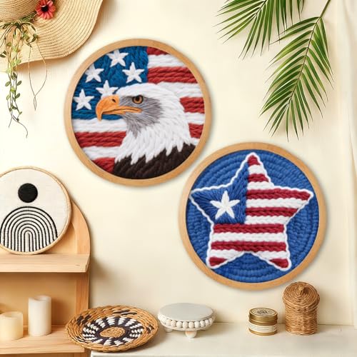 BEUNITONE 2Pcs Punch Needle Kit for Beginners, American Flag Starter Embroidery Kits with Frame & Instructions, Needle Felting Kit Poke Art for Adults DIY Craft for Coasters, Bags, Clothes Decor - color: 05-American