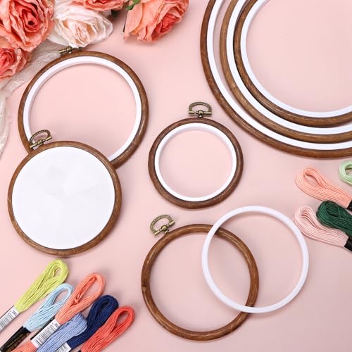 12 Pcs Embroidery Hoops Kits 6 Size Imitated Wood Embroidery Frames DIY Cross Stitch Circle Rubber Hoops Embroidery Needlepoint Supplies for Hand Sewing & Craft Projects Wall Display, 3.7In to 9.7In