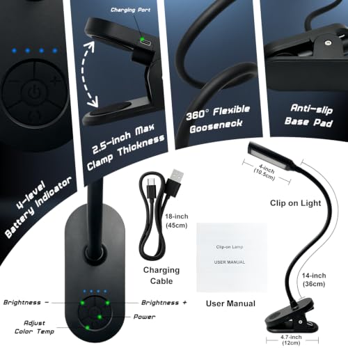 Clip on Light, Desk Lamp with Clamp for Bed, Home Office, Craft (Black) - color: Black