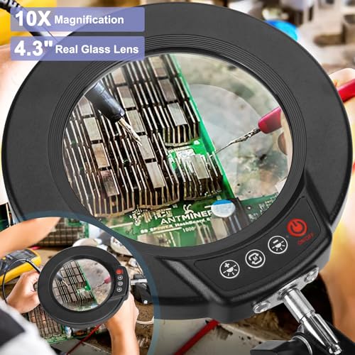 10X Magnifying Glass with Light and Clamp, Real Glass Stand Lighted Magnifier, 2*16 Arm 5 Color Modes Stepless Dimmable LED Desk Lamp Hands Free for Craft Hobby Reading Painting Close Work Large Black - color: Black, size: 10X 32inch Clamp