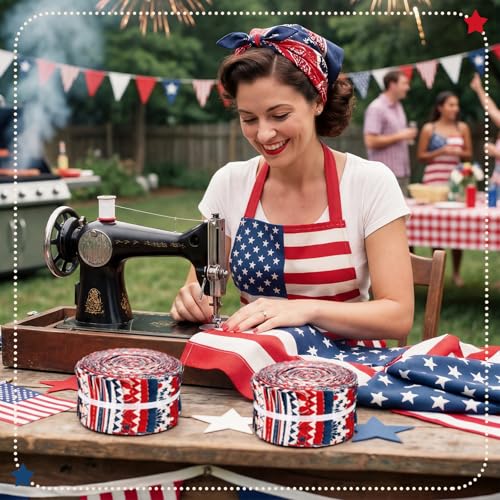 Hosuly 40 Pcs Patriotic Quilting Fabric 2.55" Red White Blue Jelly Fabric - color: 4th of July