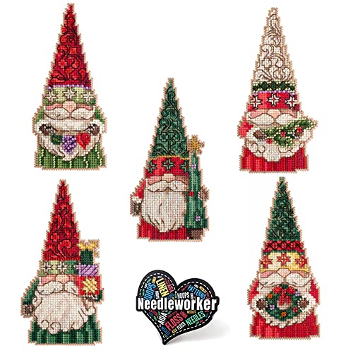 Jim Shore Christmas Santa Gnomes (2022), Set of 5 Mill Hill Holiday Beaded Cross Stitch Ornament Kits, Plus Decorative 'Needlworker' Sticker