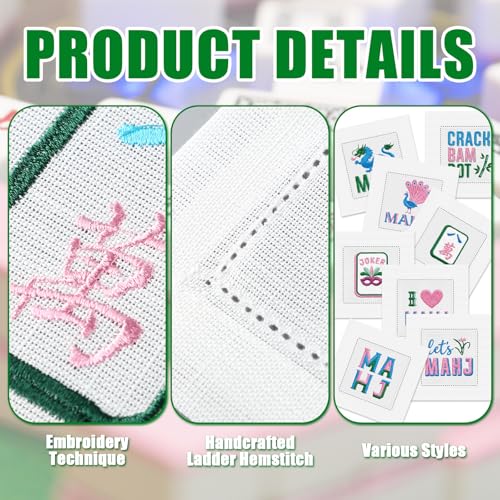 Chumia 8 Pack Embroidered Linen Mahjong Cocktail Napkins Fabric, 8 Style