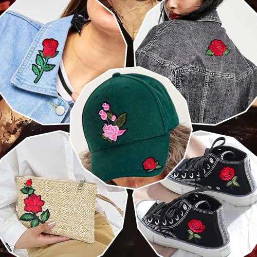 20pcs Rose Iron on Patches Flower Embroidery Patches Applique Valentines Patches for Clothes Hats Jeans Jacket - color: red