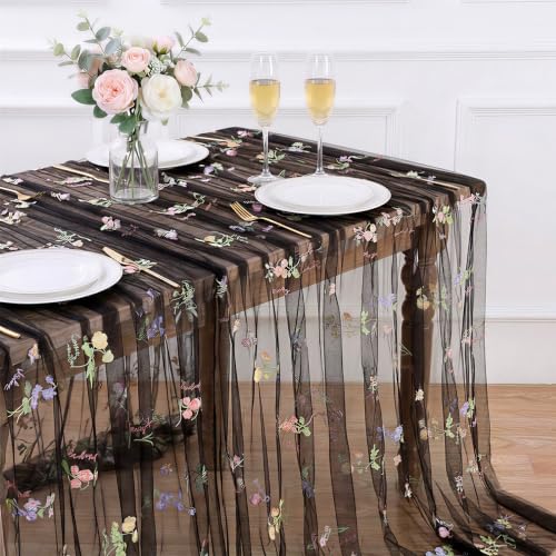 Wedding Floral Tablecloth 60" x 120" Sheer Black Wildflower Tablecloths - color: Black, size: 60"x120", 1 Pc