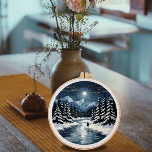 FONNUY Embroidery Kit for Beginners, Boho Nature Landscape Pre-Stamped Pattern Kits for Adults with Hoop, Easy to Follow Color Thread Needlework, 8'' Hoop (Winter Night) - color: Winter Night