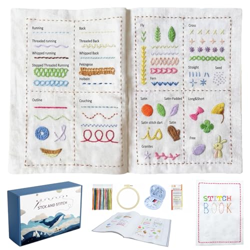 Stitch Book Kit, Embroidery Stitch Book for Beginners, DIY Portable Stitch Guide with Step-by-Step Instructions, Handmade Embroidery Learning Book with Basic Sewing Tools Kit