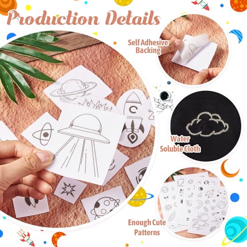 Magibeads 68 Patterns Space Theme Water Soluble Embroidery Patterns Rocket Planets Astronauts Stick and Stitch Transfer Embroidery Paper for Adult Beginners Hand Sewing Starter Kit - color: Space
