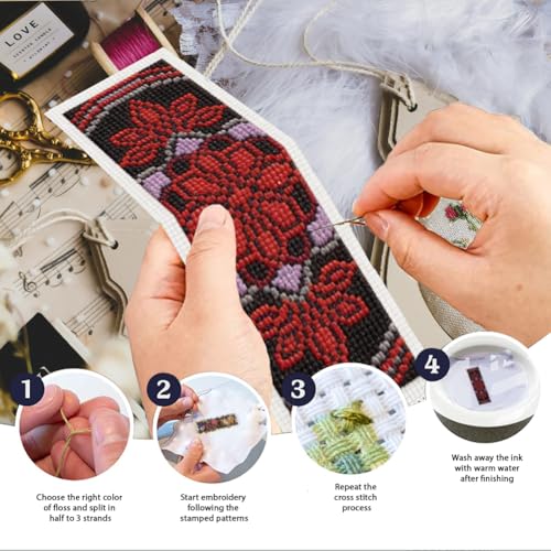 INFUNLY 6 Pcs Gothic Mandala Cross Stitch Bookmark Kit 3x8.5 Inch Pre Printed Dark Floral Counted Cross Stitch Bookmark Kit for Adults DIY Embroidery Kit with Instruction for Book Lover Reader Writer