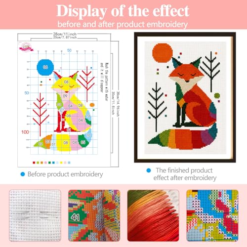 Zhenqing Rainbow Fox Cross Stitch Kit - 11CT Pre-Printed 28x38cm Fabric with Threads & Needle (No Tools) (68571) - color: Rainbow Fox