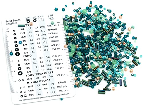 0.35oz (10g) Mix of Small Rocailles, Seed Beads & Bugles 2-10mm TOHO Japanese Glass Beads, Mix TOHO Teal Gold (Like 3222 - Tatsu Teal) - color: TOHO Teal Tatsu - Mixed (2-10mm)