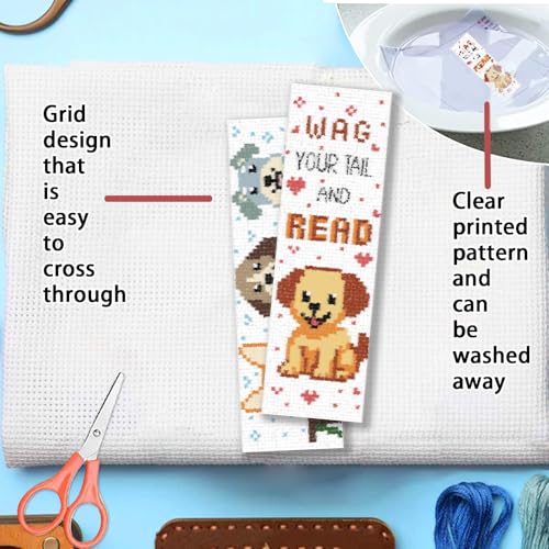 FREEBLOSS 6 Set 11CT Cross Stitch Bookmarks Kit Puppy&Books Stamped Cross Stitch Kit DIY Embroidery Bookmark Set with Instruction for Adults Beginners Gift for Reading Enthusiasts 20x6cm/8x2.4inch - style: Dogs&Books