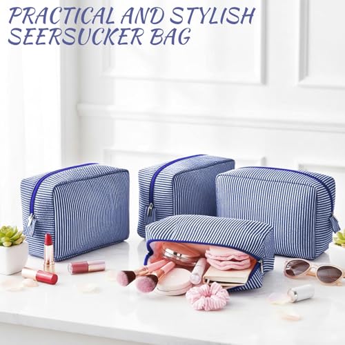 Sanwuta 3 Pcs Seersucker Makeup Bags, Navy Blue - color: Navy Blue