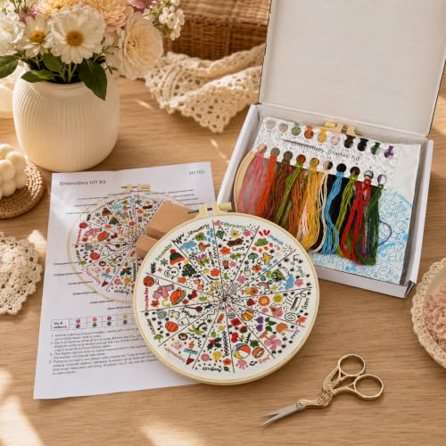 A Year of Doodles Embroidery Kit for Beginners Adults, 12-Month Seasonal Icon Wheel Easy Cross Stitch Kit Easy All-Year Round Embroidery Starter Kits with Wooden Hoop Needles Threads and Instruction - color: 12-Month Seasonal Icon