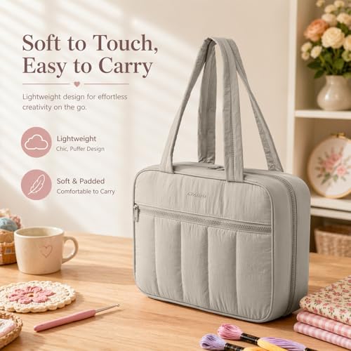 AMOIGEE Sewing Bag Organizer with 17 Clear Pockets and Tool Holders - color: Greige
