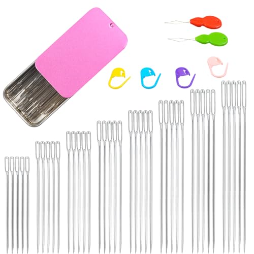 40/80PCS Large Eye Sewing Needles, 8 Sizes Hand Sewing Sharp Needles, Embroidery Needle, Leather Needle,Stainless Steel Yarn Needles with Threaders & Stitch Markers (Rosy Purple 80pcs) - color: Rosy Purple 80pcs