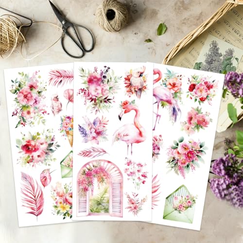 OLYCRAFT 3Pcs/Set Pink Flamingo Rub on Transfers for Furniture and Craft 6x12 Inch Pink Flowers Furniture Decal Transfer Stickers Rub on Decal with 1pc Scraper for Cabinet Wardrobe Decoration - style: Flamingo