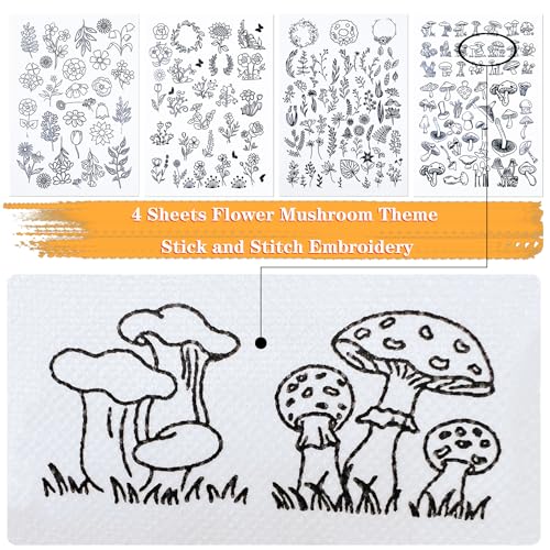 179PCS Water Soluble Stabilizer for Embroidery, 4 Sheets Flower Mushroom Theme Stick and Stitch Embroidery Self Adhesive Paper for Embroidery Hand Sewing Lover, Use on Bags Hats,Cloth - color: Style a