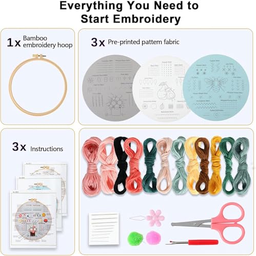 FEIYUENO 3 Pack Simple Patterns Embroidery Kits for Beginners Adults - color: Simple