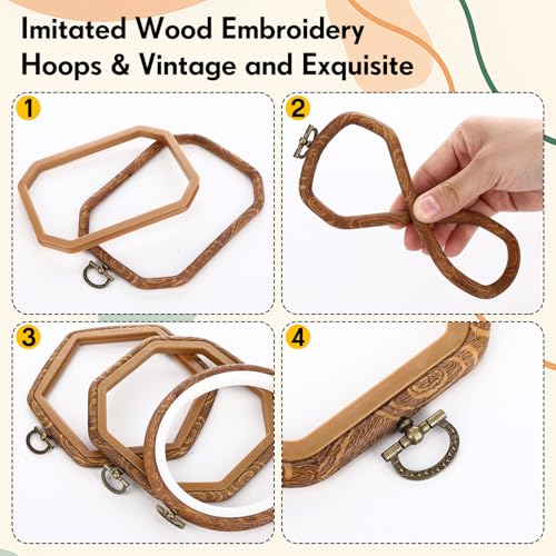 Qunclay 6 Pcs Large Embroidery Hoop Frame Decorative Imitated Wood Display Frame Circle Oval Octagonal Cross Stitch Hoop Ring for DIY Sewing Craft and Hanging Ornaments Decor (Original) - style: Original