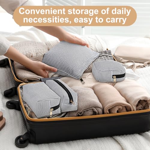 Sanwuta 4 Pcs Seersucker Pouch Striped Makeup Bag Set, Black - color: Black